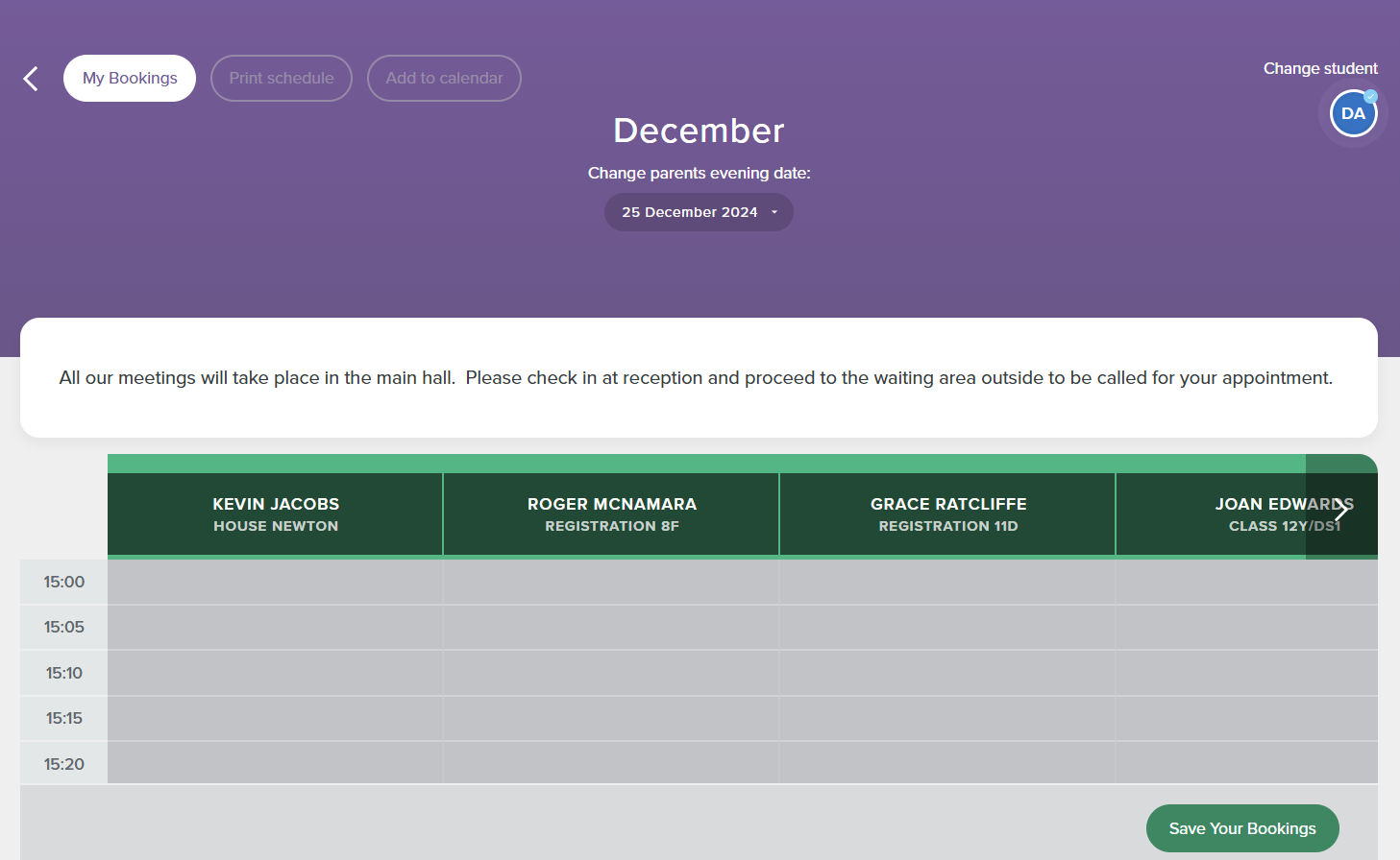 Screenshot of the Parents Evening Booking Calendar